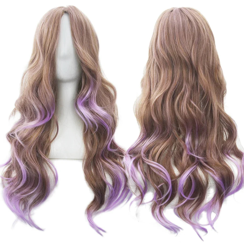 Rainbow Ombre Cosplay Wig with Bangs – Long Wavy Synthetic Hair