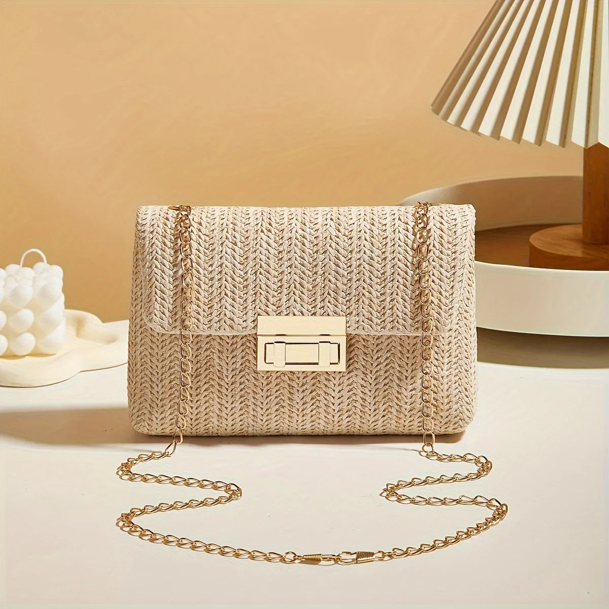 Woven Straw Crossbody Bag with Gold Chain & Lock Closure