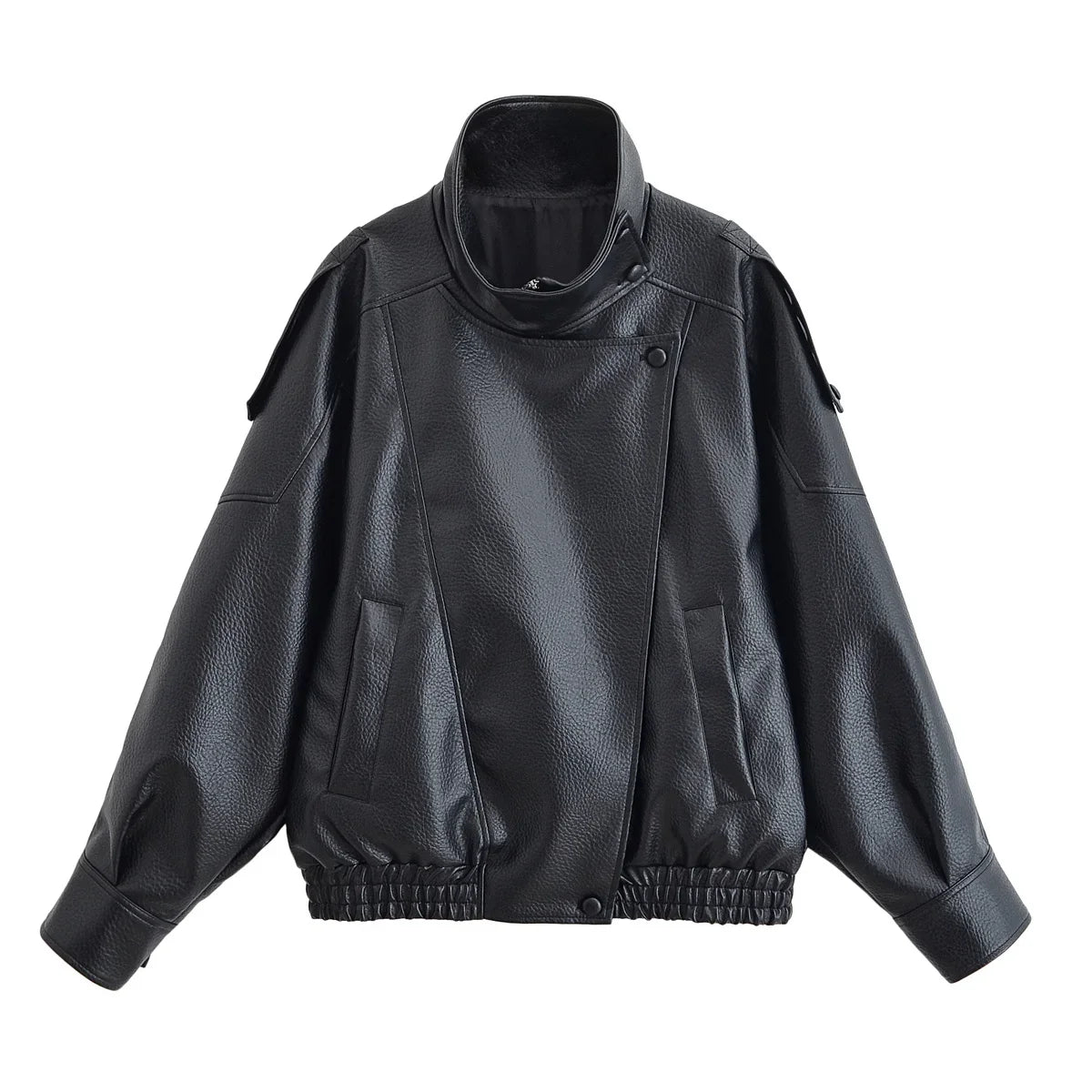Women's Oversized Faux Leather Jacket – Asymmetric Button Loose Coat
