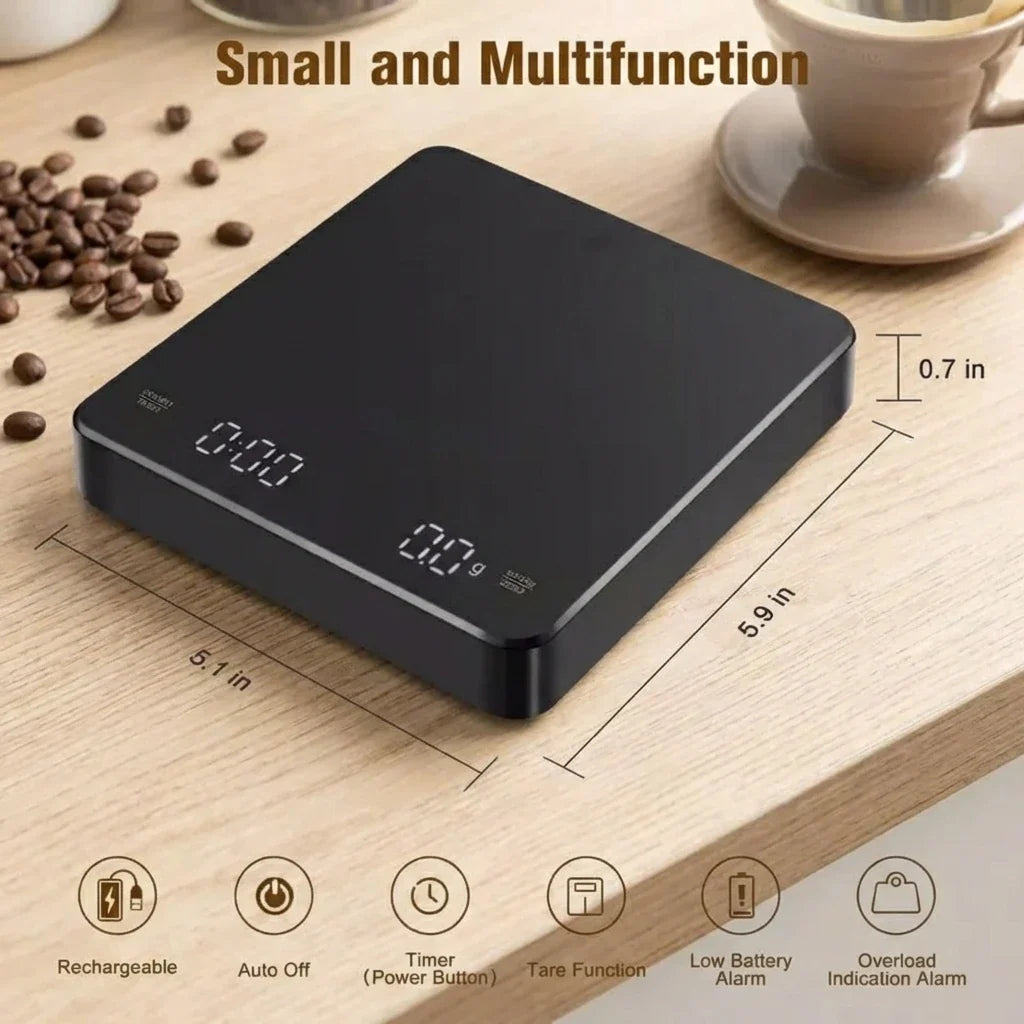 LED Digital Kitchen Scale with Timer – USB, 3kg/0.1g, Espresso Coffee