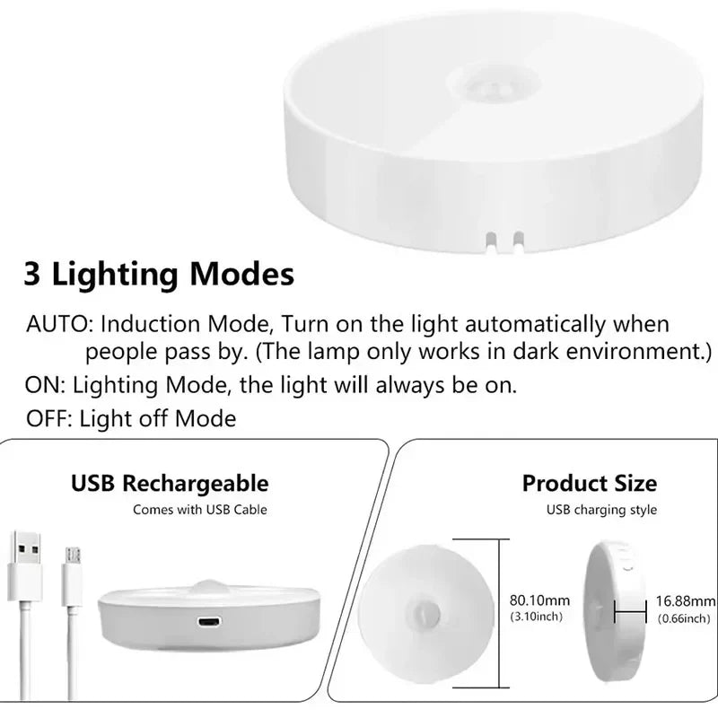 Motion Sensor LED Night Light USB Rechargeable 3-Color