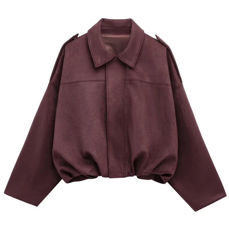 Women's Cropped Suede Bomber Jacket – Lapel Zip Racing Coat