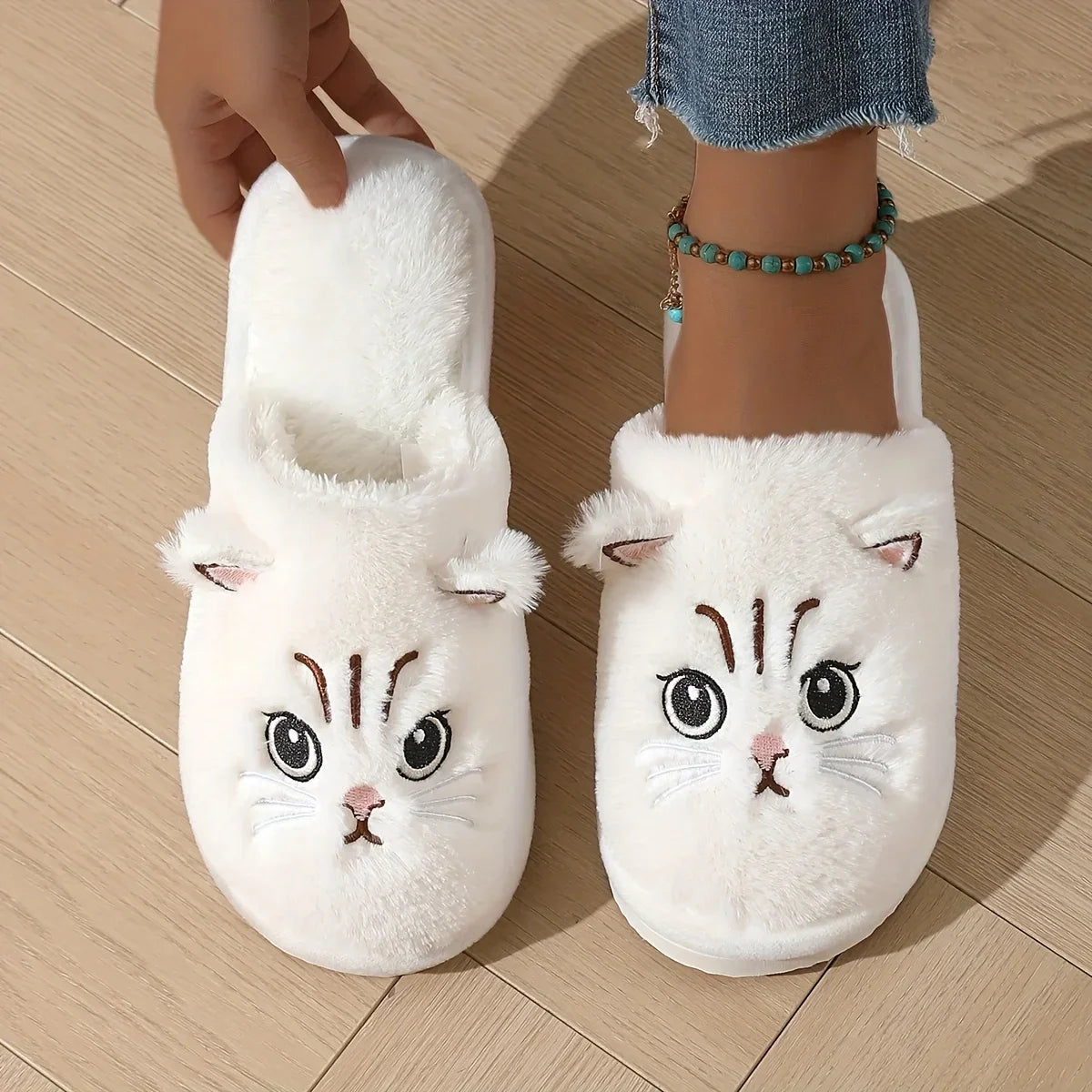 Plush Cat Slippers – Cozy Non-Slip Indoor House Shoes for Women