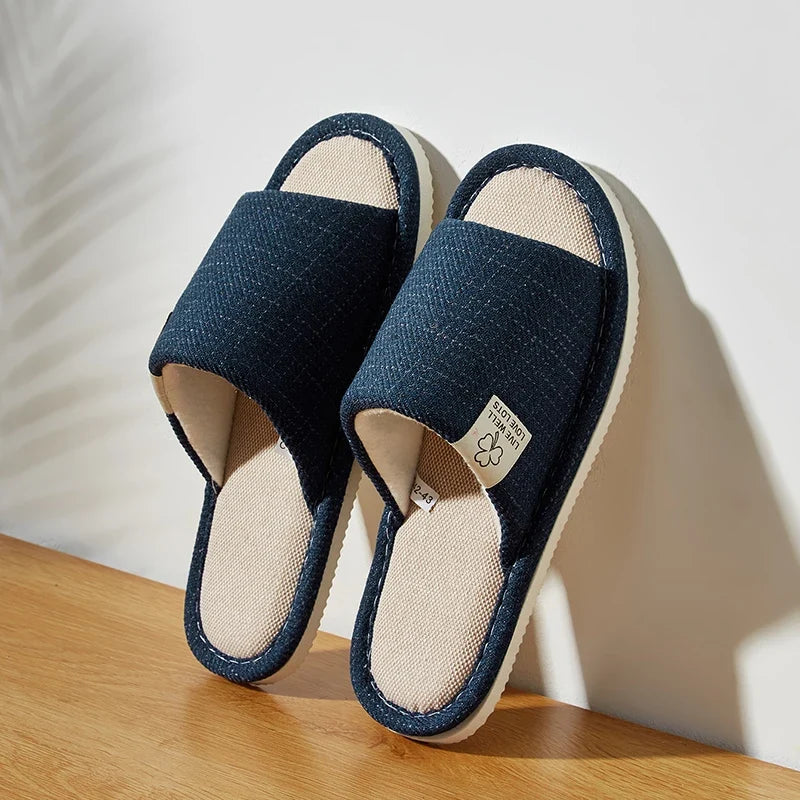 Linen Home Slippers – Open-Toe Breathable Indoor Shoes for Men & Women