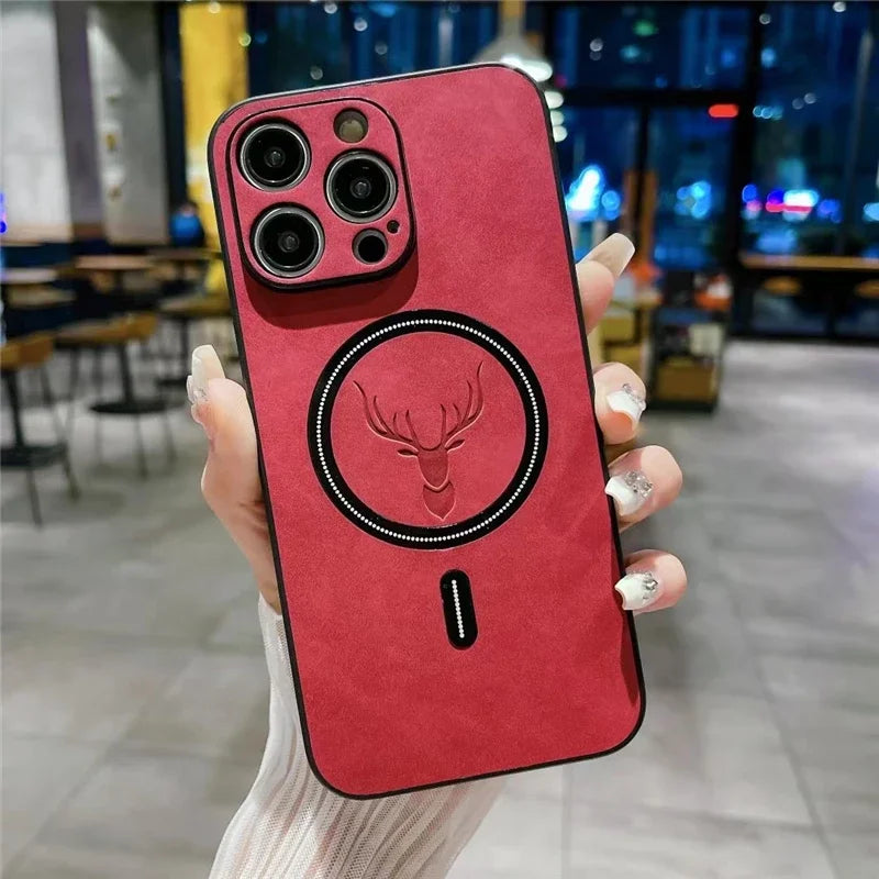 Magnetic Deer Head Leather iPhone Case with MagSafe Wireless Charging
