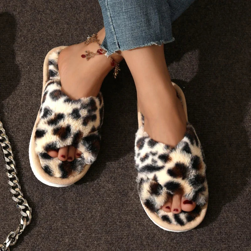 Fluffy Cross-Band Slippers – Plush Open-Toe Women's House Shoes