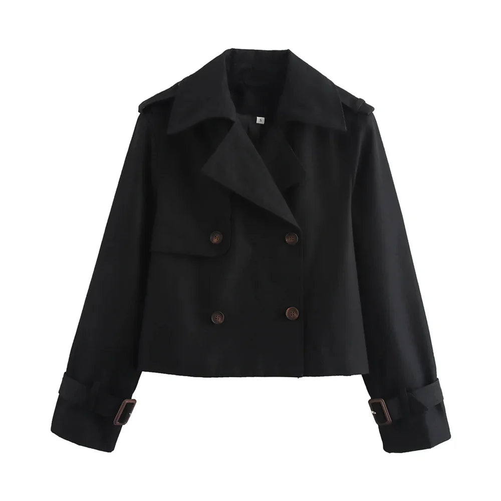 Cropped Trench Coat Women – Vintage Double Breasted Short Jacket
