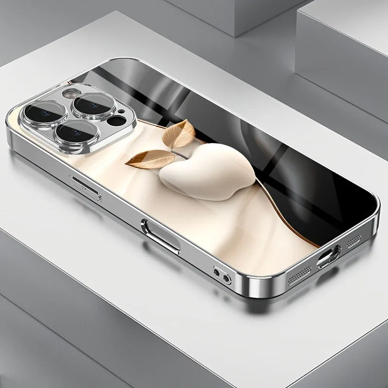 Tempered Glass iPhone Case – 3D Metal Apple Tech Pattern, Electroplated