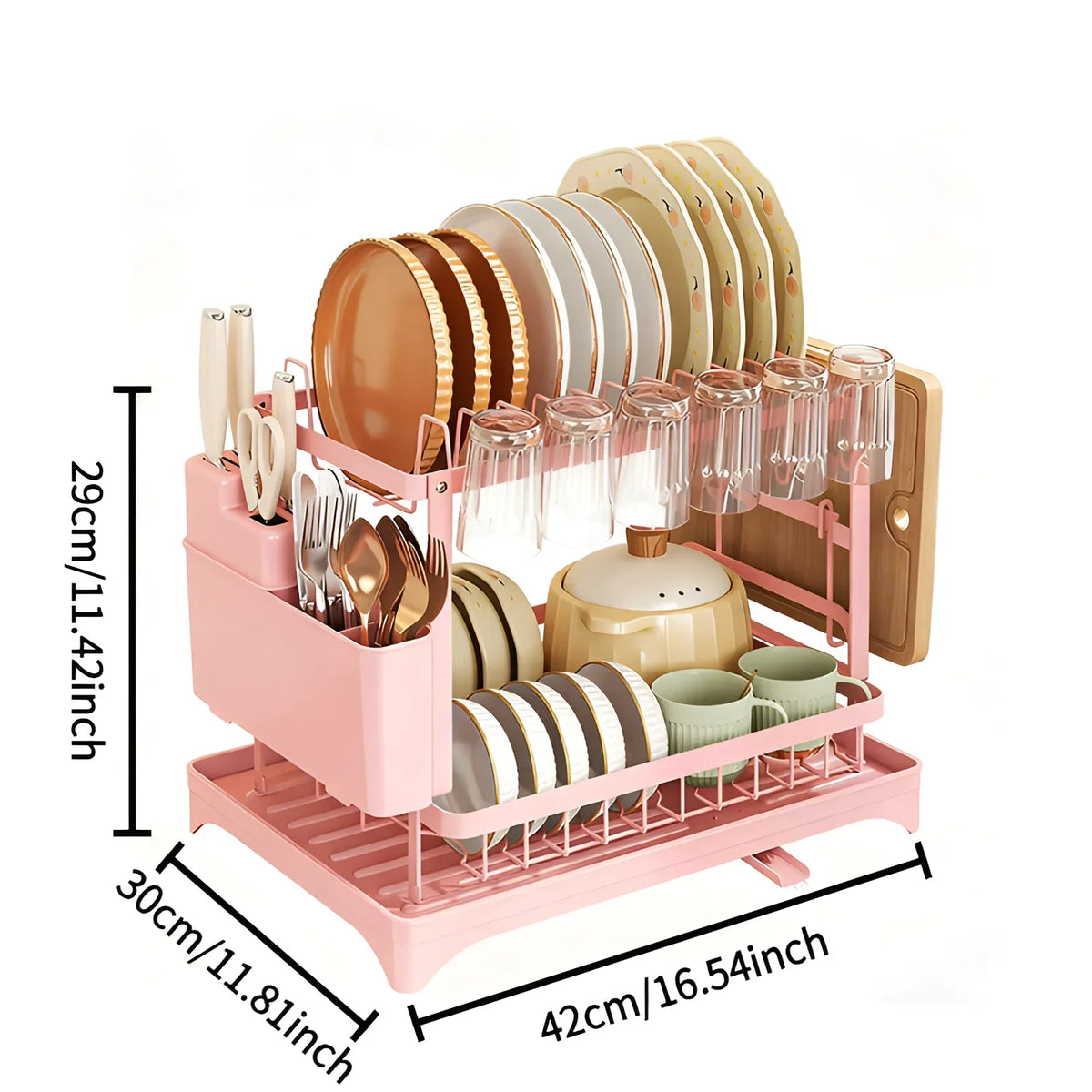 2-Tier Stainless Steel Dish Drying Rack with Drainboard & Utensil Holder
