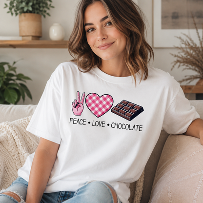 Peace Love Chocolate Graphic T-Shirt – Cute Chocolate Lover Tee