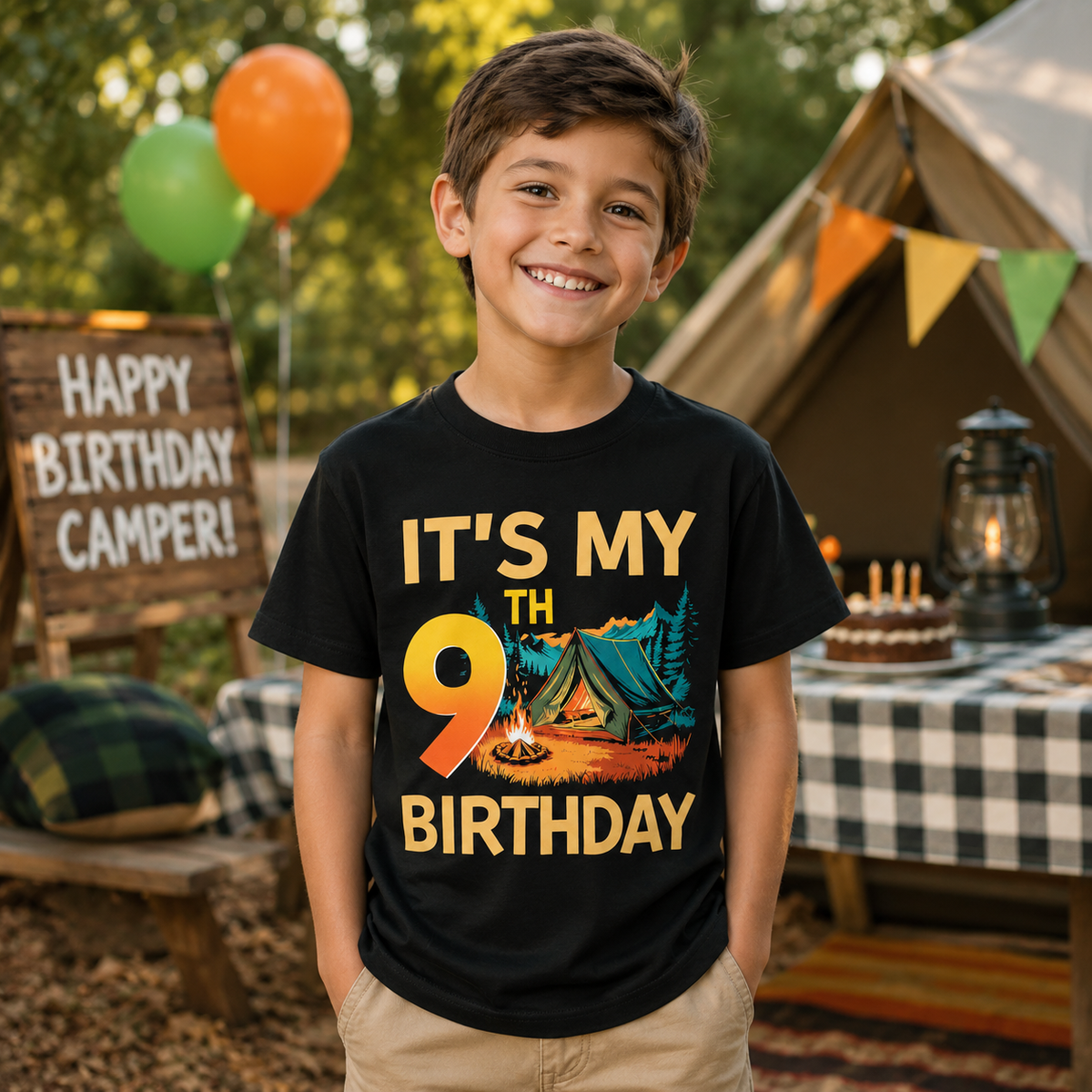 9th Birthday Camping T-Shirt for Boys and Girls