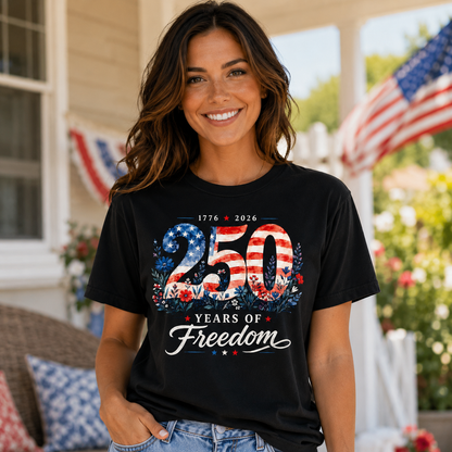 250 Years of Freedom Patriotic Floral Women's 4th of July T-Shirt