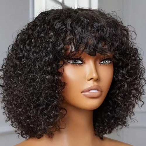 Jerry Curly Short Bob Human Hair Wig with Bangs