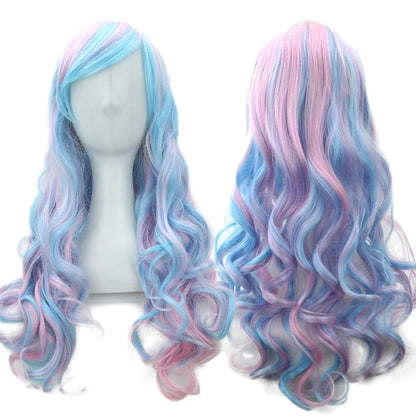 Rainbow Ombre Cosplay Wig with Bangs – Long Wavy Synthetic Hair