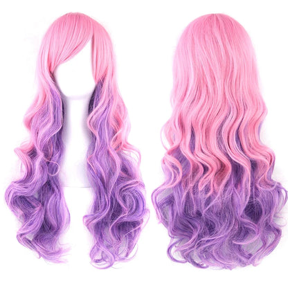 Rainbow Ombre Cosplay Wig with Bangs – Long Wavy Synthetic Hair