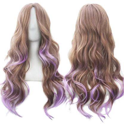 Rainbow Ombre Cosplay Wig with Bangs – Long Wavy Synthetic Hair