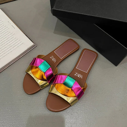 Women's Flat Slide Sandals – Woven Strap Open Toe