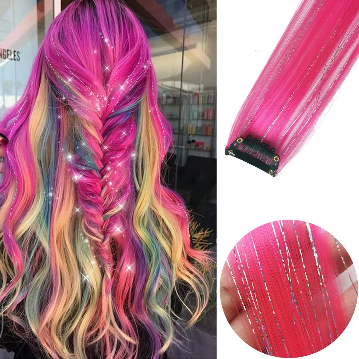 Clip-In Hair Extensions 6pcs – Colorful Highlight Streaks with Tinsel, 22 Inches