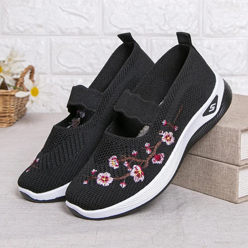 Women's Embroidered Slip-On Sneakers – Breathable Chunky Sole Casual Shoes