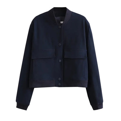 Women's Bomber Jacket – Solid V-Neck Single Breasted Coat with Pockets