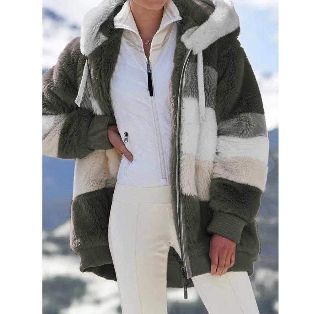 Women's Oversized Fluffy Hooded Jacket – Color Block Teddy Coat