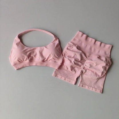 2-Piece Seamless Yoga Set – Women's Halter Sports Bra & Shorts