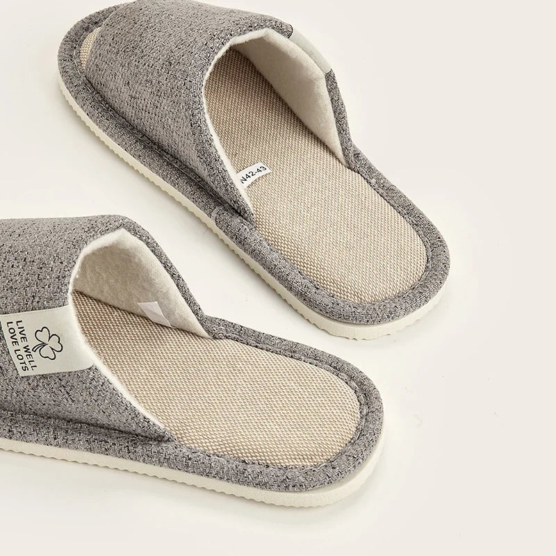 Linen Home Slippers – Open-Toe Breathable Indoor Shoes for Men & Women