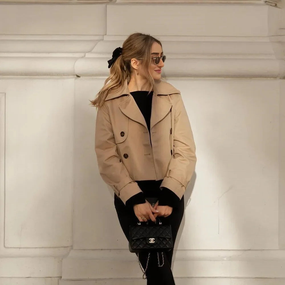 Cropped Trench Coat Women – Vintage Double Breasted Short Jacket