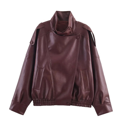 Women's Oversized Faux Leather Jacket – Asymmetric Button Loose Coat