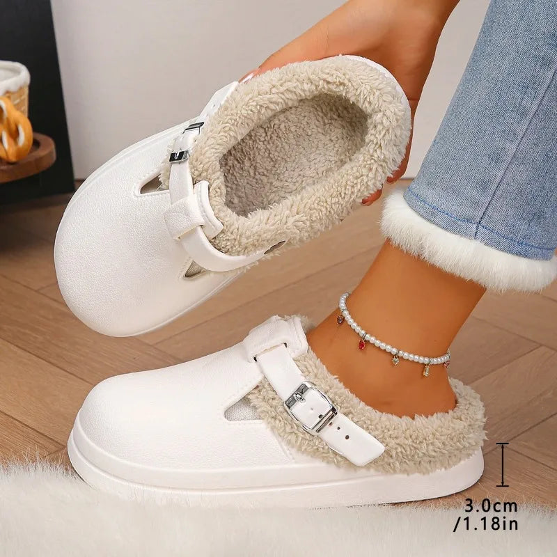 Furry Mule Slippers Women Winter Plush Warm EVA Sole Metal Buckle