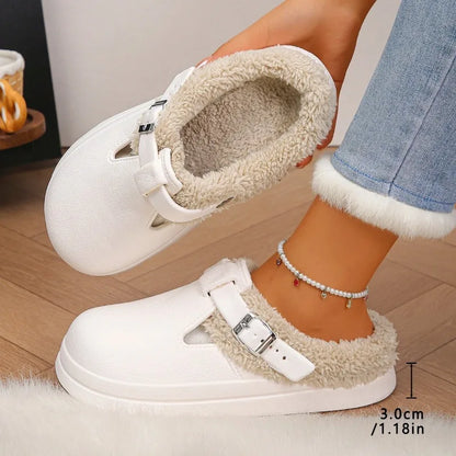 Furry Mule Slippers Women Winter Plush Warm EVA Sole Metal Buckle