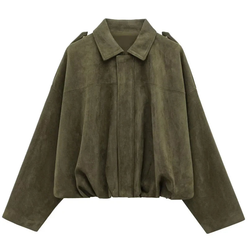 Women's Cropped Suede Bomber Jacket – Lapel Zip Racing Coat
