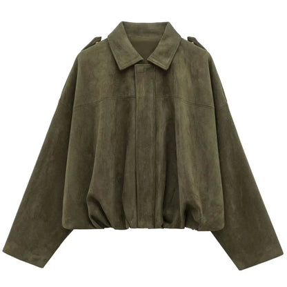 Women's Cropped Suede Bomber Jacket – Lapel Zip Racing Coat