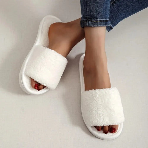 Women's Fluffy Plush Slide Slippers – Soft Fur Home Shoes