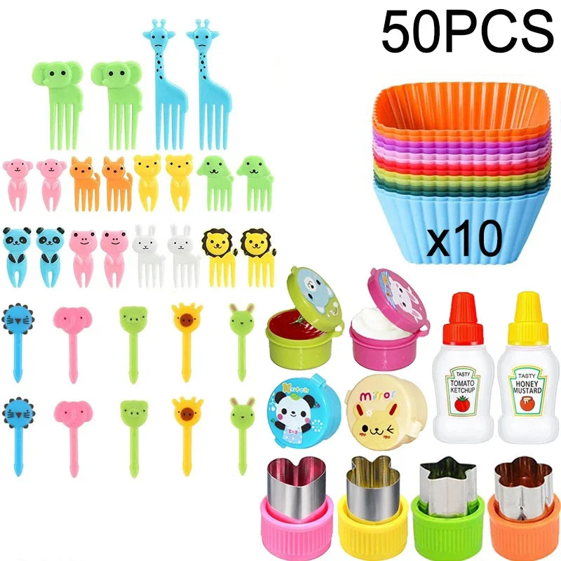 Kids Bento Lunch Box Accessories Set – Animal Food Picks, Silicone Cups & Food Cutters