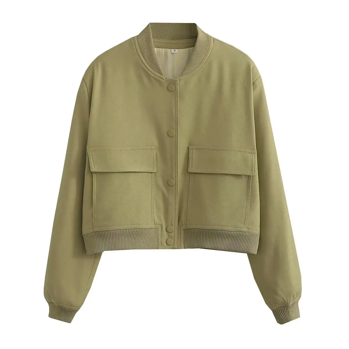 Women's Bomber Jacket – Solid V-Neck Single Breasted Coat with Pockets
