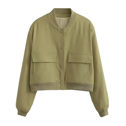 Women's Bomber Jacket – Solid V-Neck Single Breasted Coat with Pockets