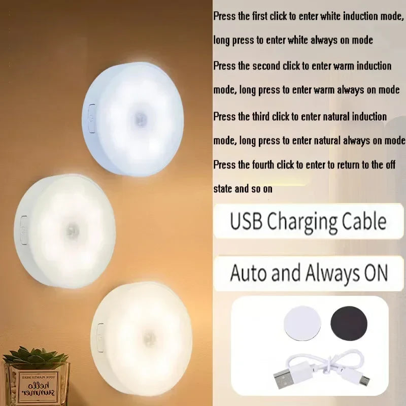 Motion Sensor LED Night Light USB Rechargeable 3-Color
