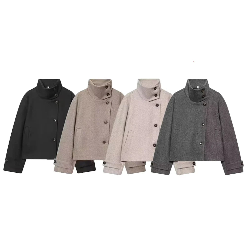 Women's Stand Collar Button Wool Blend Short Coat – Loose Casual Winter Jacket
