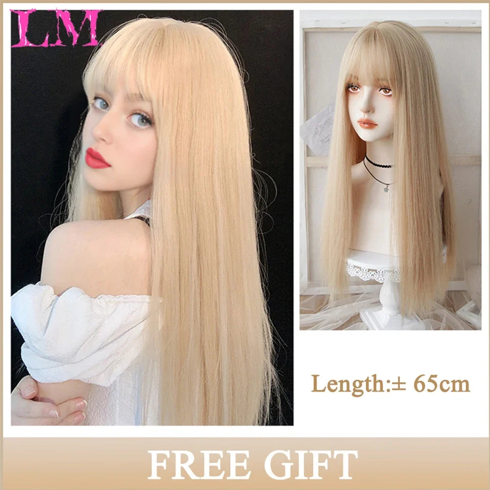 Cosplay Wig with Bangs – Long Straight Synthetic Hair 24 Inch