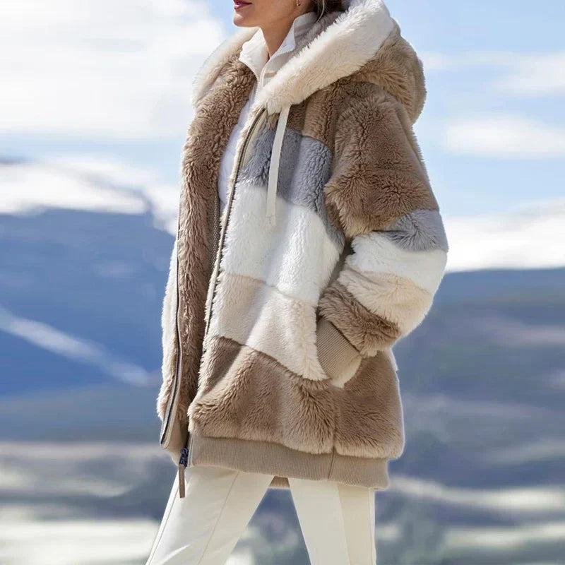 Women's Oversized Fluffy Hooded Jacket – Color Block Teddy Coat