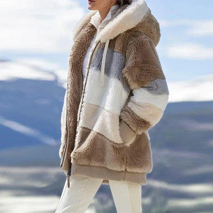 Women's Oversized Fluffy Hooded Jacket – Color Block Teddy Coat