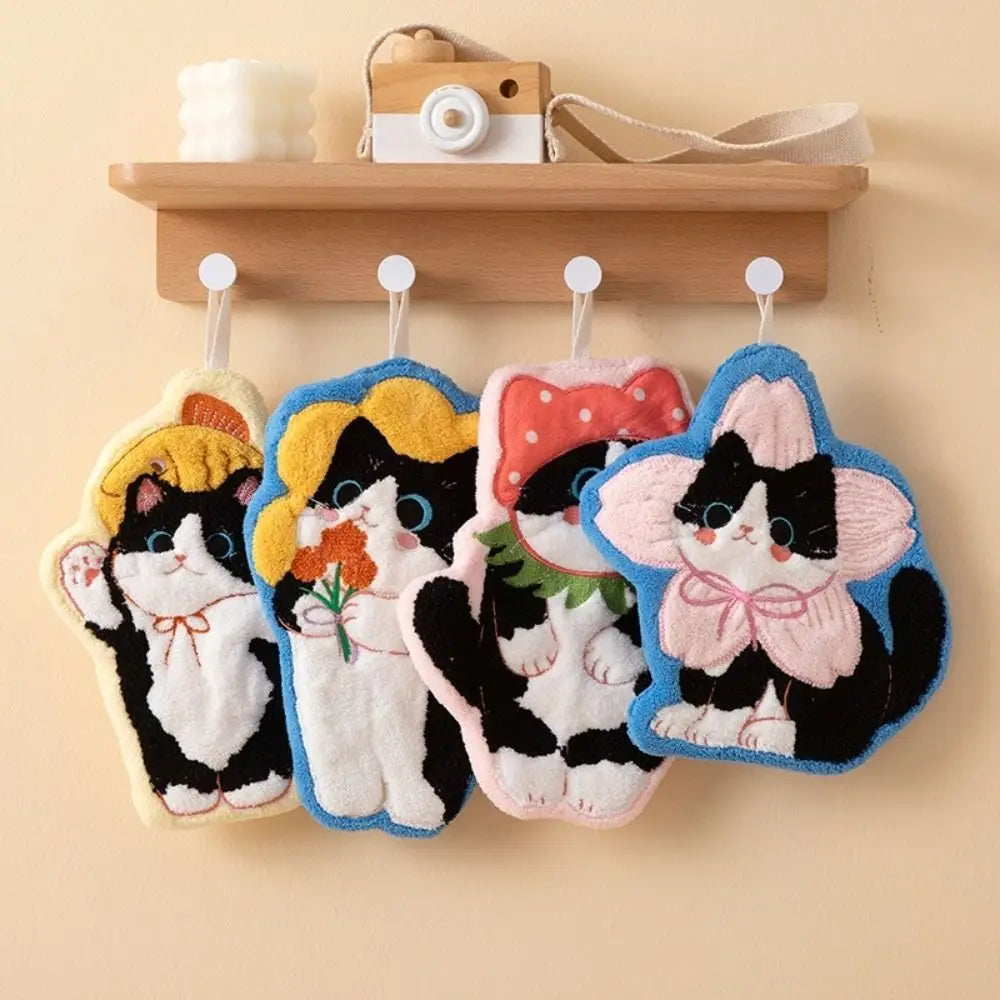 Cute Cat Hand Towel – Coral Fleece Hanging Bathroom Towel