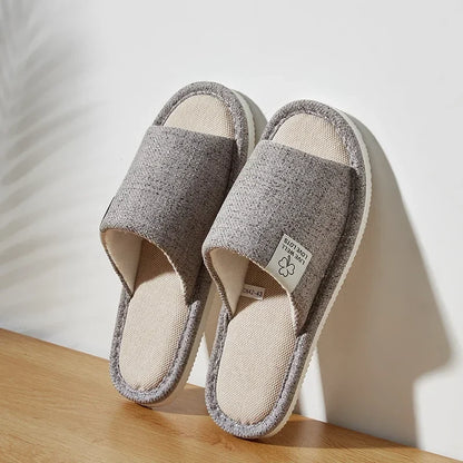 Linen Home Slippers – Open-Toe Breathable Indoor Shoes for Men & Women
