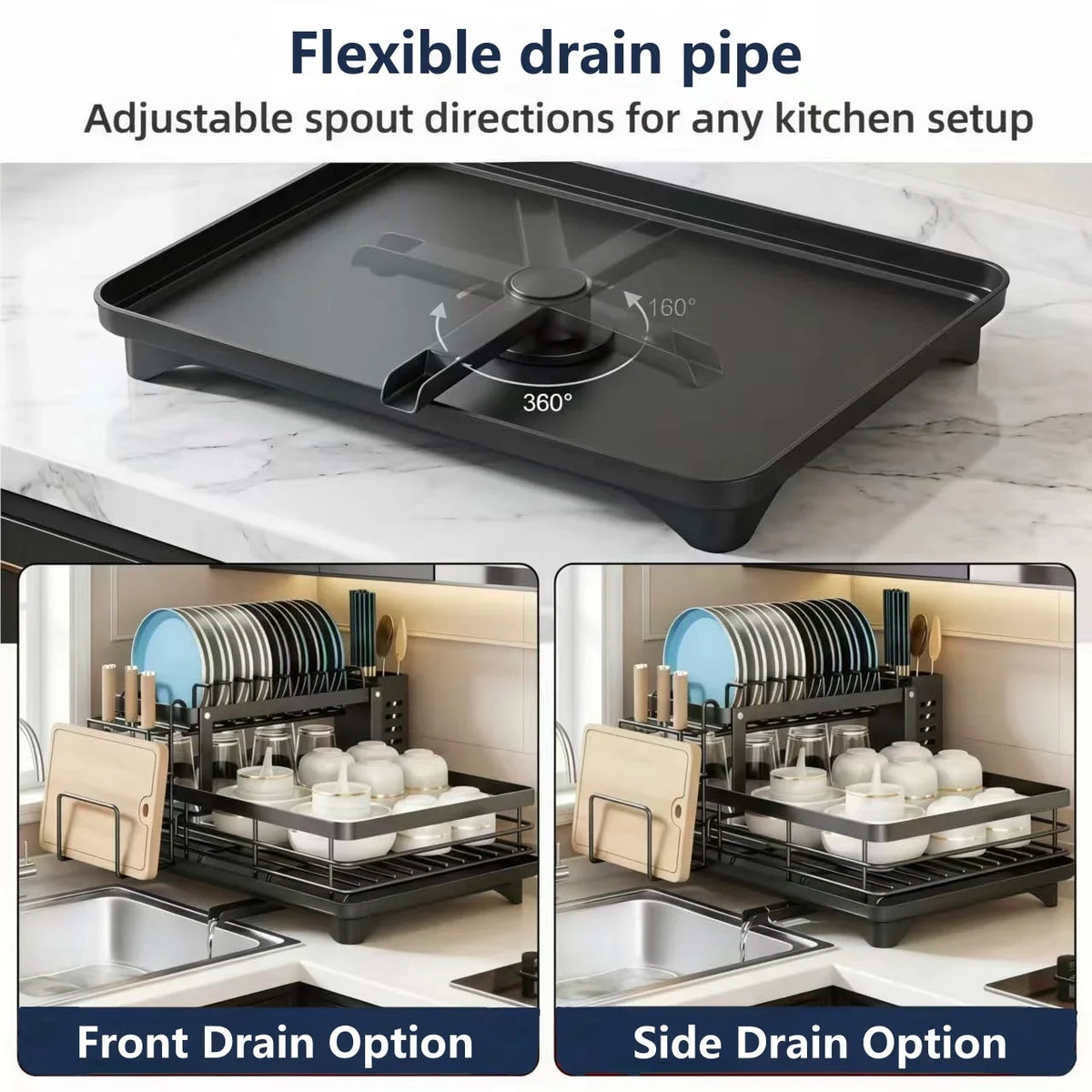 2-Tier Dish Drying Rack with Rotatable Drainage Tray & Accessories