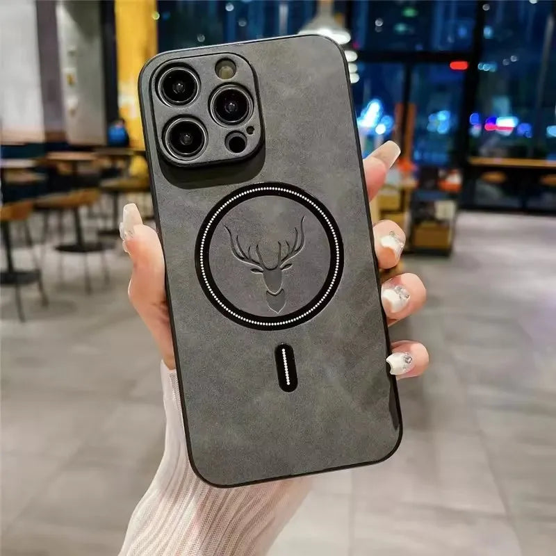 Magnetic Deer Head Leather iPhone Case with MagSafe Wireless Charging