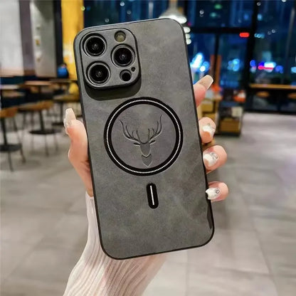 Magnetic Deer Head Leather iPhone Case with MagSafe Wireless Charging