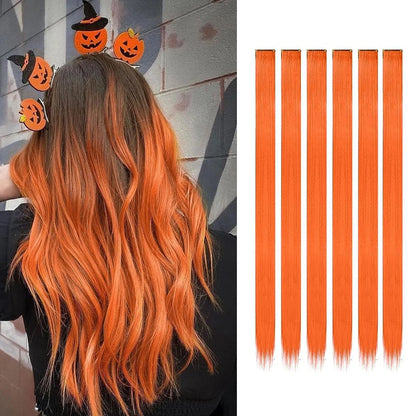 Clip-In Hair Extensions 6pcs – Colorful Highlight Streaks with Tinsel, 22 Inches