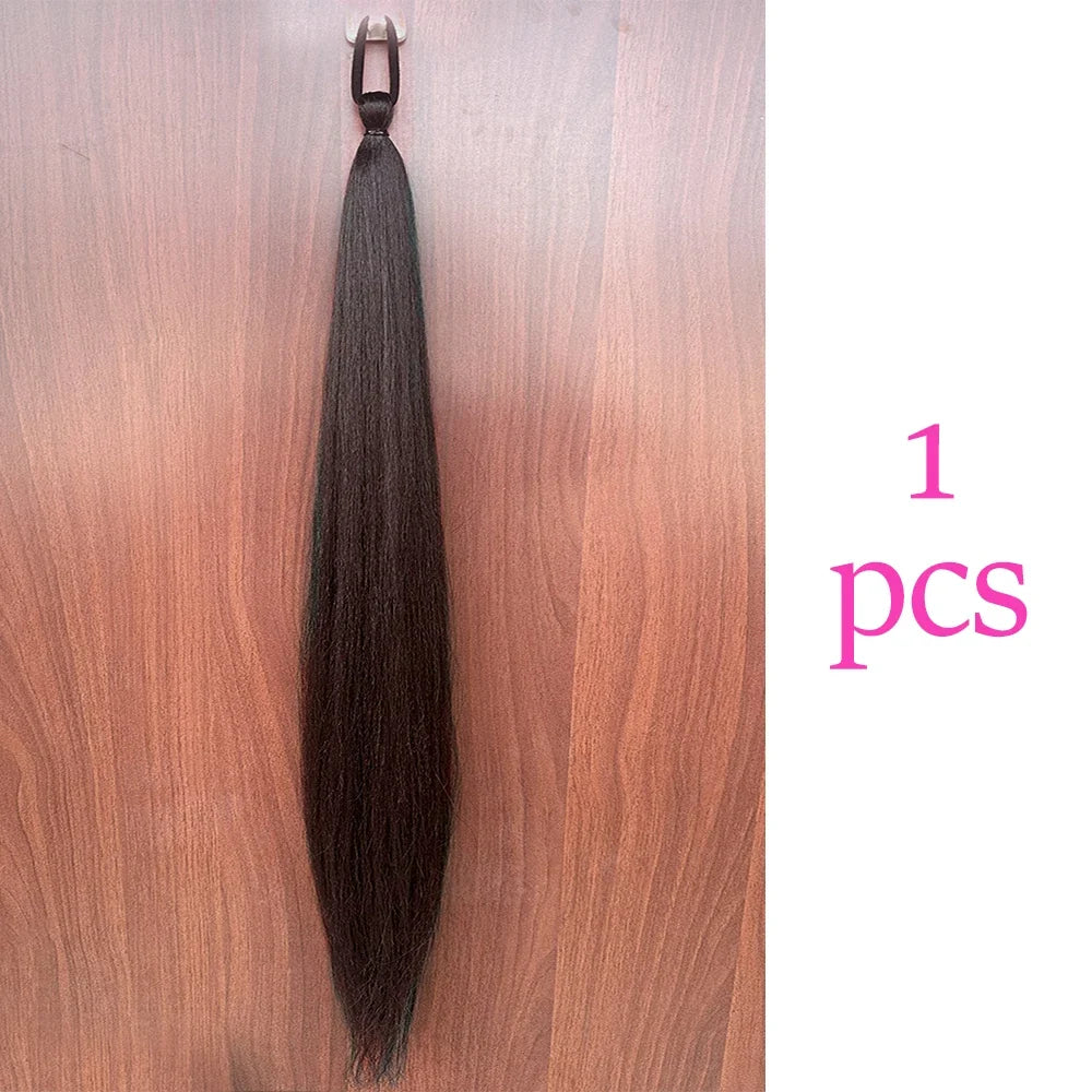Long Straight Ponytail Extension 2pcs – Synthetic Hair with Rubber Band