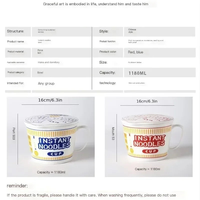 Large Ceramic Instant Noodle Bowl with Lid – 1000ml